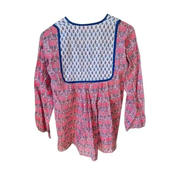 SZ Block Prints Tunic Top with Tassel Accents Red Size Medium Made in India Boho - Picture 5 of 9